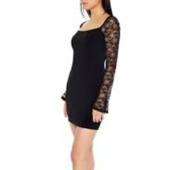 Forever 21 Black Bodycon Mini Dress with Long Lace Sleeves, Stretch Size Small - Picture 4 of 5